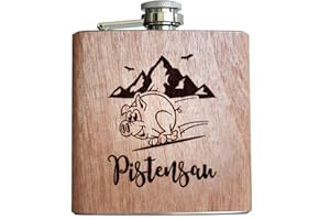 PIXELSTUDIO Holz Flachmann Skifahrer Bergsteiger Wandern Jäger Geschenk Männer Frauen Alkohol Apres-Ski Pistensau