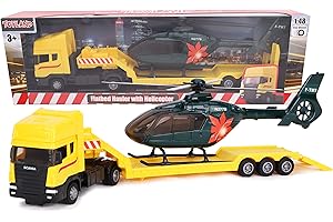 Toyland® - Transportador de Superficie Plana Scania con Helicóptero - Escala 1:48 - Rueda Libre - Juguetes para Vehículos de Transporte - Juguetes para Niños (Camión Amarillo/Helicóptero Verde)