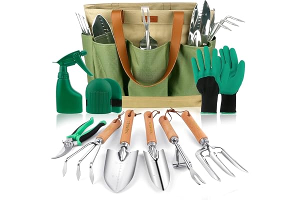 YAUNGEL Ensemble d'Outils de Jardinage, 10 Pièces en Acier Inoxydable à Usage intensif avec poignée en Bois antidérapante - Cadeaux pour Les Femmes et Les Hommes, Vert