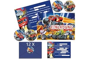 OSOFREE 12x Monste-truck Einladungskarten Kindergeburtstag Junge mit Umschlag Deutsch, Cartoon Geburtstag Einladungskarten Set für Themed Party, Kindergeburtstags Party Einladungen (A6)