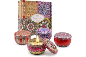 MOMENT 4 Pack Scented Candles Gift Set, Aromatherapy Candle Smokeless with Natural Soy Wax, Small Printed Tin Round Shape Aroma Fragrant Stress Relief Candle Fragrance for Home Bath Yoga, 6x4cm