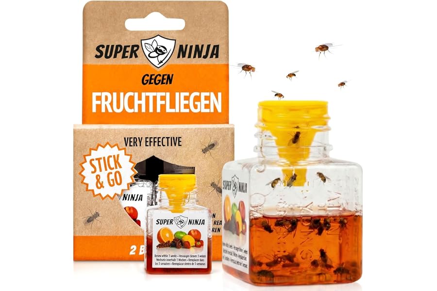 Super Ninja Fruchtfliegenfalle für Innenbereich, Obstfliegenfalle 2er-Pack | Wirksame Fliegenfalle für Fruchtfliegen, für Haushalt & Küche, sicher für Kinder & Haustiere, 3 Wochen Wirkung pro Flasche – Produktbeispiel aus Garten