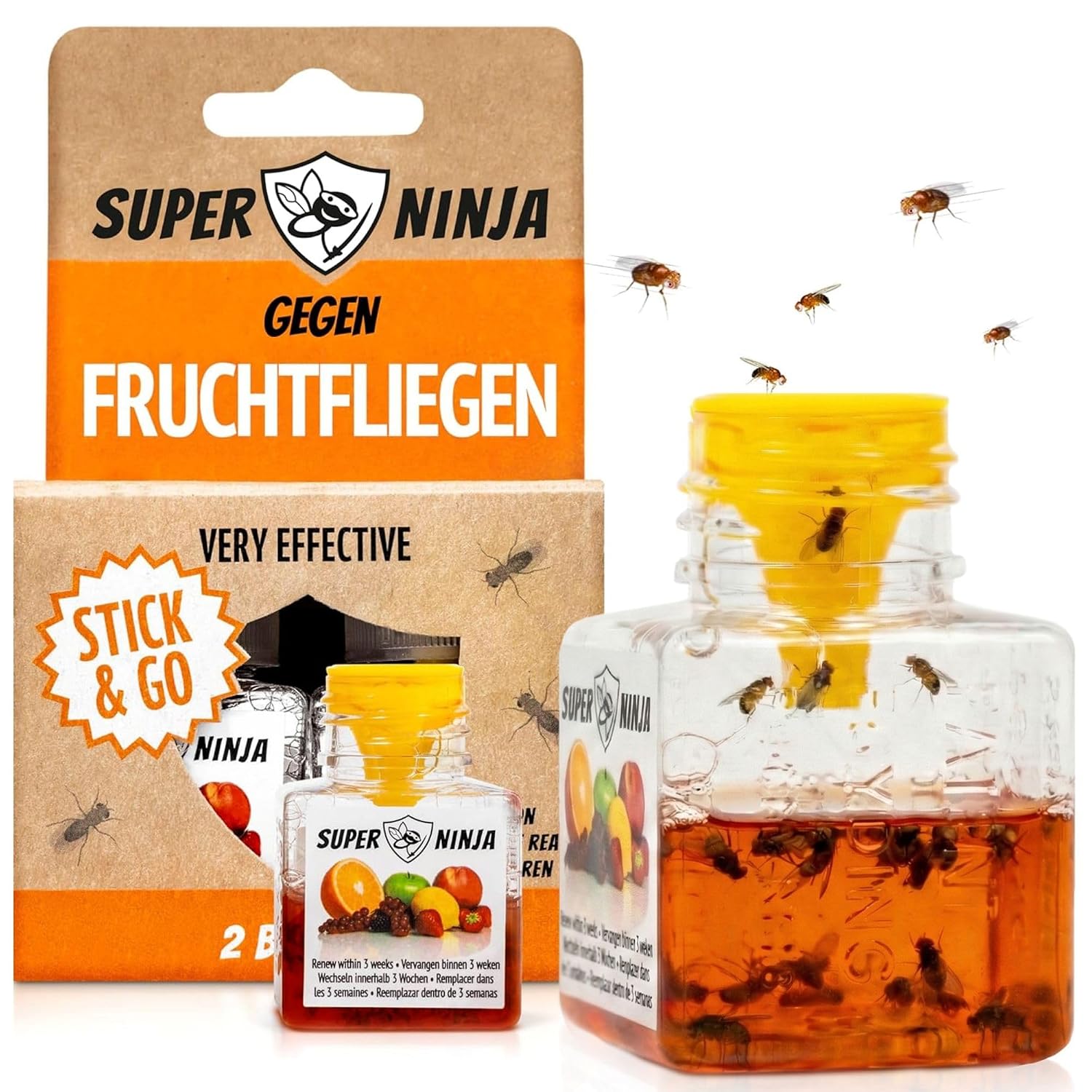 Super Ninja Fruchtfliegenfalle für Innenbereich – 2er-Pack, Wirksame Obstfliegenfalle für Haushalt und Küche, bis zu 3 Wochen Leistung pro Flasche, Kinder-und haustierfreundlich