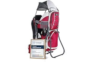 DROMADER Mochila Portabebe Montaña - Portabebes Senderismo hasta 22kg con Protector Solar, Protector de Lluvia, Bolsillo Térmico y Cambiador - Estructura Plegable con Una Mano - Rojo