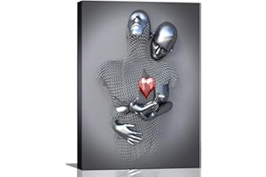 chongjian Liebe Herz 3D Grau Leinwand Wandkunst Moderne Gemälde 3d Abstrakt Umarmung Wanddekoration Schwarz und Weiß Metallfigur Skulptur Effekt Bild Wohnzimmer Dekoration (Rot Mit Rahmen, 16x24in)