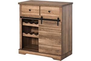 HOMCOM Credenza con 2 Cassetti, Ripiani Aperti e Portabottiglie, Credenza da Cucina Rustica in Legno e Metallo, 80x39x86 cm, Color legno