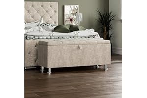 Vida Designs Valencia Pouf Ottomano, con Coperchio in Tessuto, Sedia, Sgabello, Panca per Finestra, Cassapanca per Giocattoli, Pouf, Poggiapiedi, Velluto Champagne