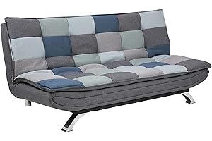 ‎AC DESIGN FURNITURE AC Design Furniture Jasper Bettcouch Blau/Grau Patchwork, Schlafsofa mit 3 Liegepositionen, Moderner 3-Sitzer Ohne Armlehne, Gepolstert mit Verchromten Beinen, L: 196 x H: 91 x T: 98 cm