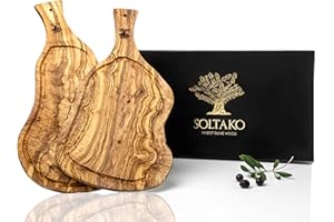 SOLTAKO Tabla de Cortar Cocina madera de olivo, tablas rústicas, 2 tablas de queso, bandeja de aperitivo de oliva tunecina, tabla de pan de madera, tabla para cortar (Longitud aprox. 40-43 cm)
