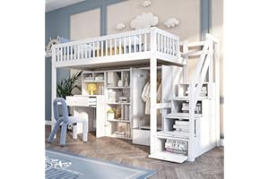 Dolamaní Letto a soppalco per bambini con scrivania e armadio 90 x 200 cm, sicurezza per lettino con protezione anti-caduta e spazio di archiviazione, letti singoli letto in legno massiccio bianco,