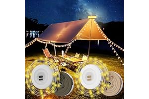 LEEHUI Portable Outdoor Camping Retractable String Lights, 10M Stowable RGB & Warm Led Strip Light, USB Rechargeable Wind Up Tent Star Lantern for Campsite, Awning, Bedroom, Backyard (2 Pack Green+Yellow)