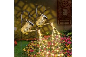 BOWFAR Solarny łańcuch świetlny z konewką, dekoracja ogrodowa, do użytku na zewnątrz, z hakiem owczarka, metalowy, vintage, wodospad, oświetlenie ogrodowe, na balkon, trawnik, taras, 2 sztuki