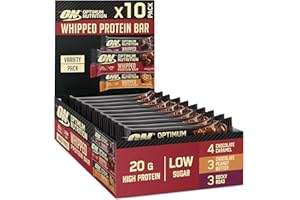Optimum Nutrition Whipped Protein Bars, barres protéinées saines à faible teneur en calories, glucides et sucre, goûter sportif pour hommes et femmes, goût mélangés, 10 x 65g