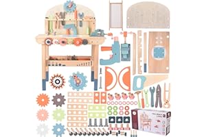 KKTECT Regali di Natale Banco da Lavoro per Bambini in Legno, 60x30x80cm Strumenti di Gioco Banco degli Attrezzi in Legno Multifunzione Tabella degli Strumenti per Lo smontaggio di Viti e Dadi