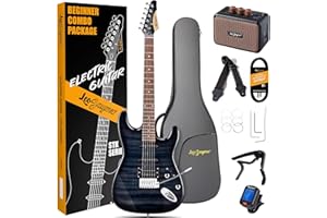 Leo Jaymz 39" Full Size ST Style Electric Guitar Starter Kit with SSH Pickup, 5W Portable Amp, Tuner, Gig Bag, Strap & Accessories(Black Flame 5W)