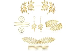 CASSIECA 5 Pezzi Dea Greca Costume Accessori Set per Donna Dorato Romano Foglia Alloro Corona Fasce Capelli Braccialetto Bobina Perla Orecchini Pendenti Sposa Copricapo Festa Gioielli
