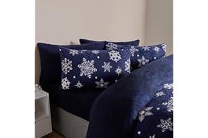 OHS Christmas Bedding Double, Super Soft Warm Thermal Winter Snowflake Teddy Fleece Duvet Set Double Comfy Cosy Quilt Christmas Double Duvet Set with Pillowcases, Navy