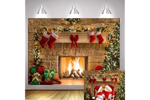 WANGRJ Christmas Fireplace Photography Backdrop Winter Xmas Tree Socks Gifts Fireplace Photo Background Holiday Family Party Decorations Supplies 7x5FT