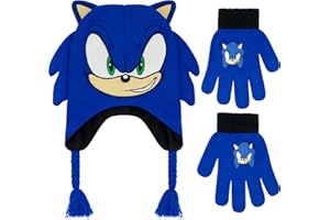 Concept One Sega Sonic The Hedgehog Acrylic Peruvian Knit Hat with Tassels and Matching Gloves, Blue, One Size