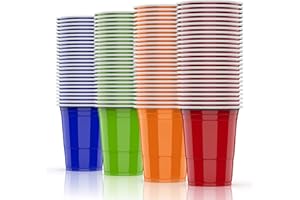 AOLUXLM 100 Pack Gobelets,Tasse À Boire 25 Rouges + 25 Bleus + 25Verts + 25Orange 480 ML / 16 OZ + 10 Boules de Table Inclure E-Book, Tasse Répétable Noël Anniversaire Mariage