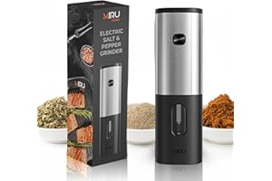 MIRU Macina Sale e Pepe Elettrico, Batteria Inclusi, Macina Spezie Automatico Con Granulometria Personalizzabile, Led Integrato, Ceramica e Contenitore Trasparente Per Sale e Pepe (Nero, 1 pezzo)