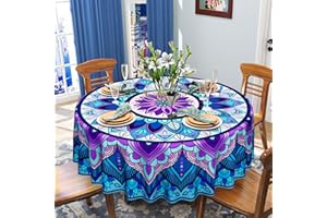 iEvery Boho Mandala Round Tablecloth Wipe Clean 150cm, Wipeable Floral Table Cloth Circular Waterproof Stain-Resistant Polyester Table Cover for Dinning Kitchen Patio Outdoor Home Decoration