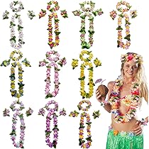 BETESSIN Hawaii Girlanden Set - 48-tlg. Blumenketten Für Party | 12 Farben Inkl. Kränze & Armbänder