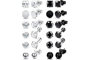 KALVICA 12 Pairs Hypoallergenic Stud Earrings for Men Women Cubic Zirconia Stud Earrings Set Stainless Steel Earrings Black Round Unisex Jewelry