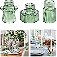 SYOSI Diwali Festival Taper Votive Candle Holder for Pillar Candles Tealight, Candlestick Holder for Wedding Tea Party, Boho Ribbed Vintage Crystal Glass Table Centerpiece Decor, Bulk Set of 3 (Green)