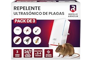 REPELIX ARMOUR Repelente ultrasónico de plagas para interiores – Pack de 3 – Cubre 140m² por dispositivo – 3 modos – Repele ratones, ratas, arañas, mosquitos, hormigas, insectos y moscas, HX-168 (Blanca)