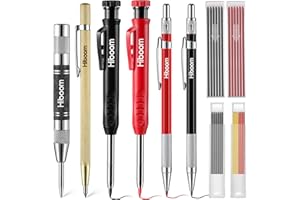 Hiboom 10 Pack Mechanical Carpenter Pencils Set with Sharpener & 36PCs 2.8mm Refills, Deep Hole Marker Pen, Automatic Center Punch, Carbide Scribe Tool, Heavy Duty Construction Pencil for Architect
