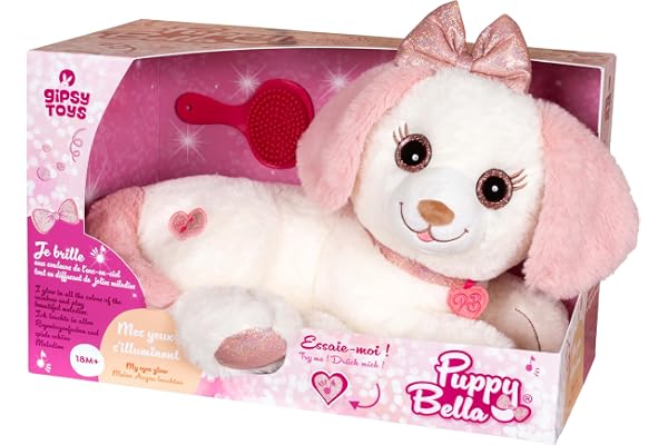 Gipsy Toys – Peluche Interactive Chien - Puppy Bella – 30 CM – Rose ET Blanc – Vendue en BOÎTE Cadeau