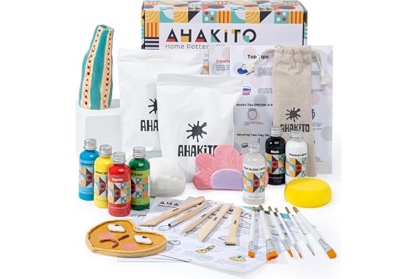 Ahakito DIY Set de argile autodurcissante pour débutants à domicile, incluant argile à séchage à l’air, Outils, Peintures acryliques, Pinceaux et une instruction, Convivial pour les débutants
