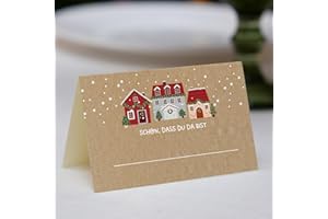 ‎HEAVEN+PAPER 25 Tischkarten Weihnachten Häuser - Platzkarten zum Selbst beschriften mit Text "Schön, dass du da bist" für Adventszeit als Dekoration Tisch