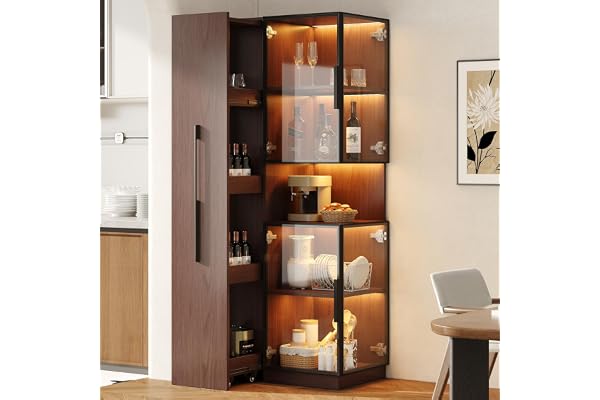 Crlnaup Vitrinskåp 70×38×160 cm med utdragbart hyllfack – Dubbelglas-stativvitrine LED, MDF-skåp Valnöt, Glasvitrine & Förvaring, multifunktionellt högskåp för vardagsrum, matsal, kök