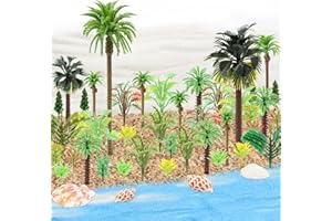QUOZUO 50 mini modelli di palme in miniatura, spiaggia, città costiera, paesaggio, albero di cocco, foresta pluviale con sabbia e conchiglie, alberi finti per architettura per artigianato fai da te