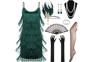 EXOJOY 1920s Great Gatsby Flapper Dress for Women, 8Pcs Roaring 20's Fringed Sequin Dress with 20s Accessories Headpiece Gloves Pearl Necklace Bracelet Fishnet Tights Earrings Folding Fan for Party Pom