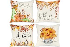 Benjia 4 Pezzi Federe Cuscini Autunno Copricuscini 40x40cm, Rami di zucca girasole Decorazioni Halloween Giorno del Ringraziamento per Divani Letto in Camera da Letto Arancia 40 x 40 cm