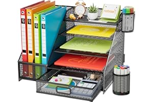 Marbrasse Rangement de Bureau à 5 Niveaux avec Tiroir, 2 Porte-Stylos,Organiseur Maille pour Fournitures de Bureau à Domicile (Noir Support de Livre sur Un Côté)