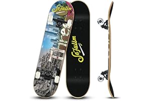 Sefulim 31 x 8 Inch Complete Skateboard 7 Layer Canadian Maple Double Kick Deck Concave Cruiser Trick Skateboard for Boys Girls Teens Adults Beginner