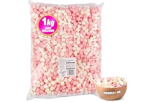 Sweetzone Mini Mallows Pink and White Halal Mini Marshmallows, Sweets Bulk, Retro, Candy for Sweet Bags Marshmallows for Hot Chocolate, 1kg Bulk Sweets Bag