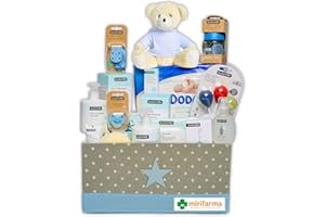 Mirifarma Canastilla Bebé Fantasy (Azul) de Suavinex para regalo. Con Caja Azul, Peluche Osito, Gel-Champú, Loción, Crema, Esponja, Toallitas, Biberón, Chupete, Broche, Sonajero, Pañales.