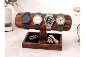 Horvix Enterprises Wooden Watch Stand 4 Watch Holder with Valet Organiser Tray 2 Storage Compartments, Soft-Lined Interior, Handcrafted Wood, Multi-Purpose