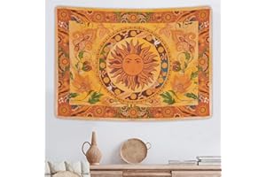 Yugarlibi Sonne Wandteppich Mandala Wandteppich Boho Vintage Blumen Wandbehang Orange Konstellation Wandbehang für Schlafzimmer Wohnzimmer Eingangshalle Hotel 210x150cm