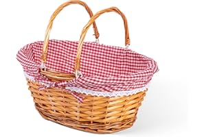 WICKERFIELD Lightweight Honey Color Wicker Shopping Basket with Foldable Handles Red Gingham Cotton Liner Gift Hampers Gift Basket (Large)