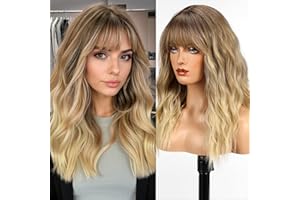 WOKESTAR Long Wig with Fringe Synthetic Wavy Wigs for Women Ombre Brown to Blonde Colour