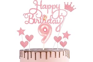 HONGCI Happy 9th Birthday Cake Topper & Pink Number 9 Candle - Cupcake Decorations for Girls Party