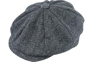 Lizzy 1 x Peaked/Peaky Flat Cap Hat (Adult) | Traditional 1920s Gatsby 8 Panel Peak Hat Mens Black Herringbone Wool Newsboy Flat Cap