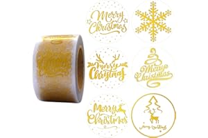 Masper Christmas Stickers, 3.8cm, 600 Sheets, 6 Waterproof Transparent Gold Foil Shiny Designs, Merry Christmas Stickers for Xmas Decorations Cards Crafts Envelopes Wrapping