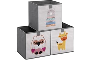 Navaris zestaw 3 pudełek do przechowywania dla dzieci, do ustawienia na regale, 28 x 28 x 28 cm, skrzynka na zabawki, 3 składane pudełka na zabawki, skrzynki z motywem zwierzęcym i z uchwytami